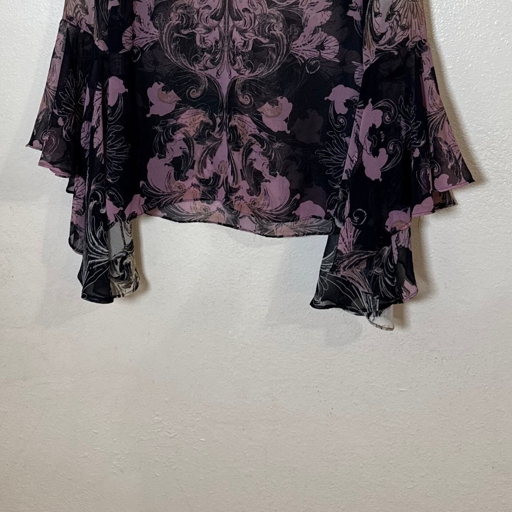 Boston Proper Women Blouse 2 Black Plum‎ Damask Bell Sleeve Whimsigoth Romantic - Picture 4 of 11